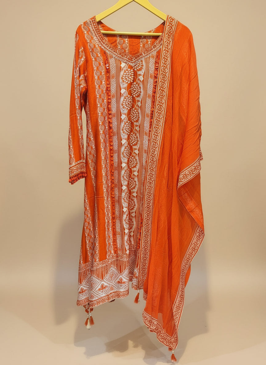 Orange Reena Silk C-cut Suit set - Set of 3