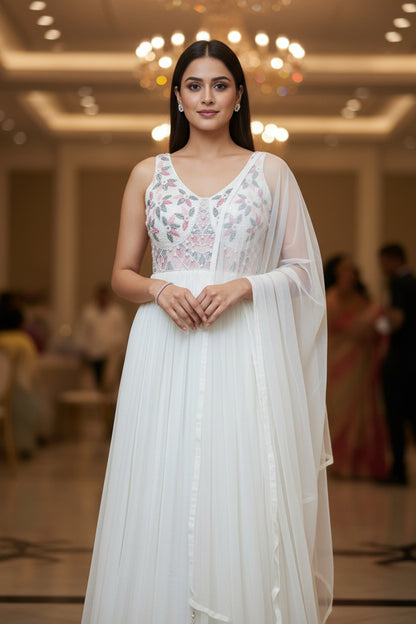 White Amaya chinon silk Anarkali gown with dupatta