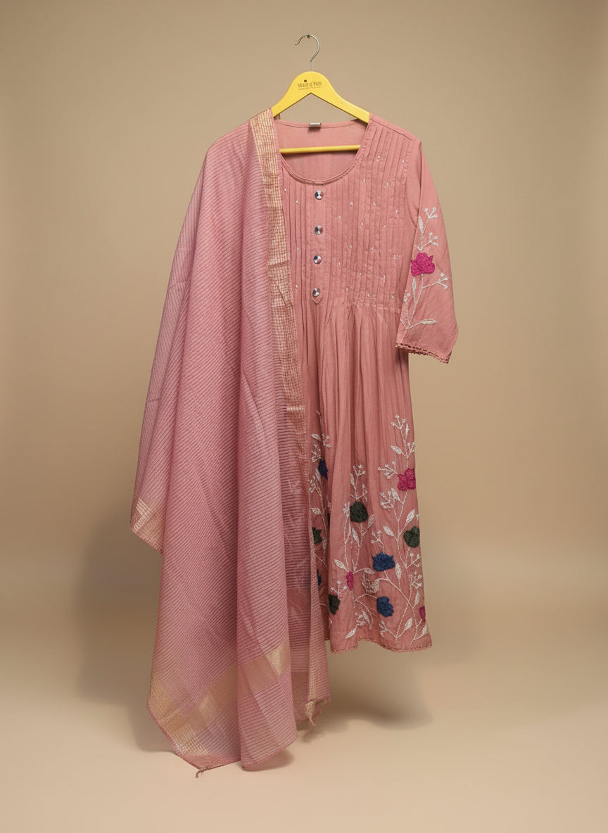 Dusty pink Saras Mulchanderi A line Suit set - Set of 3
