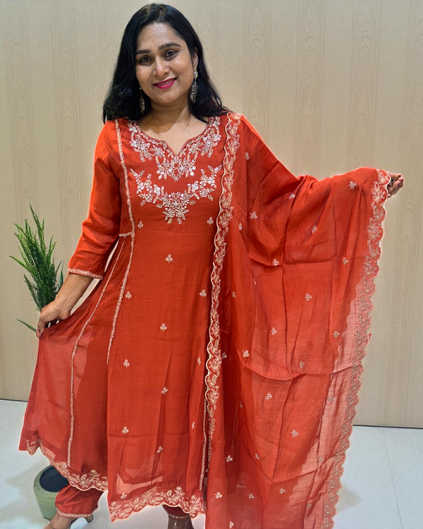 Rust Orange Misri Mul chandri Anarkali - set of 3