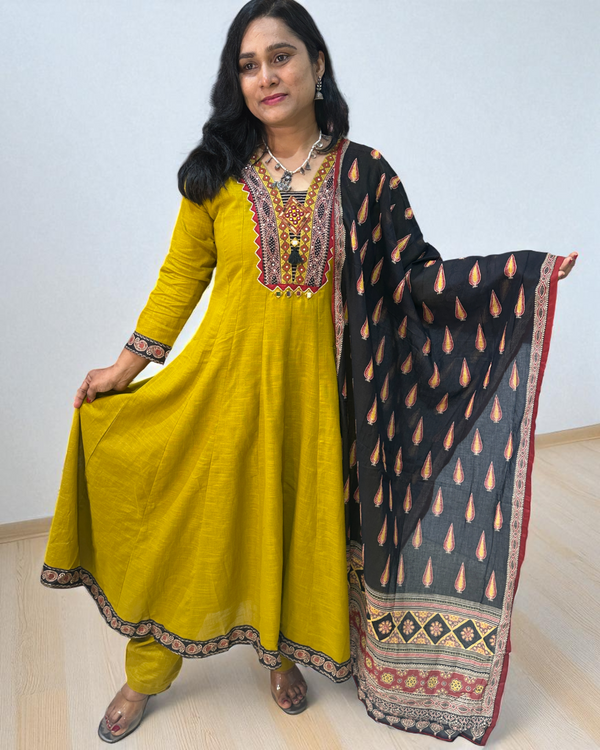 Mustard Green Aza Cotton Anarkali - Set of 3