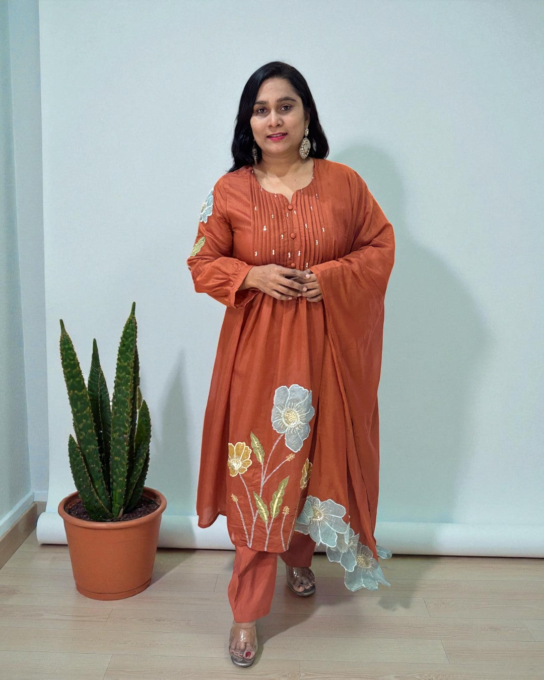 Rust orange Mahi Mul Chanderi A line Suit set - Set of 3