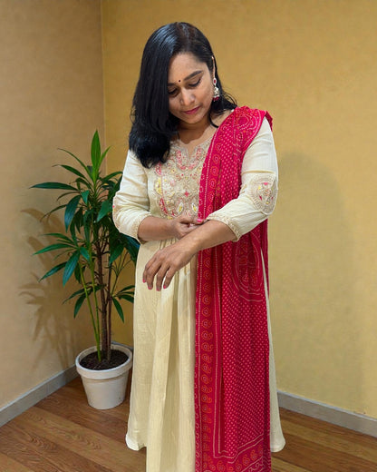 Beige Crushed Tissue Anarkali suit - Set of 3