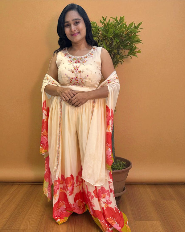 Peach Ishani Chinon silk Indowestern set