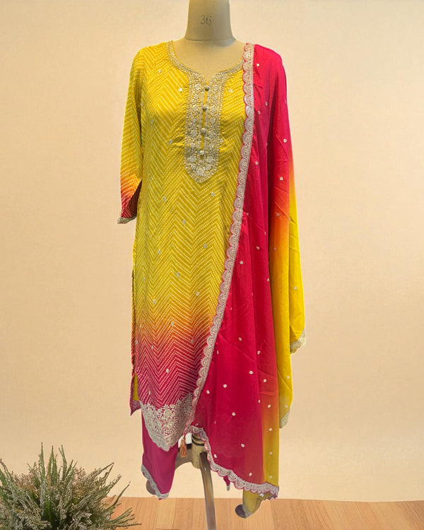 Yellow Red Ombre Kalyani Russian Silk suit set