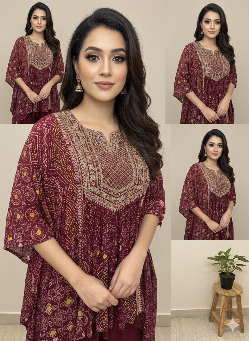 Wine Misha crepe silk Kaftan Set - Set of 2