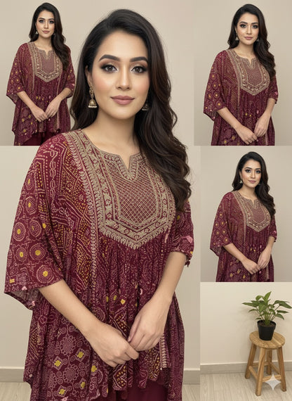 Wine Misha crepe silk Kaftan Set - Set of 2