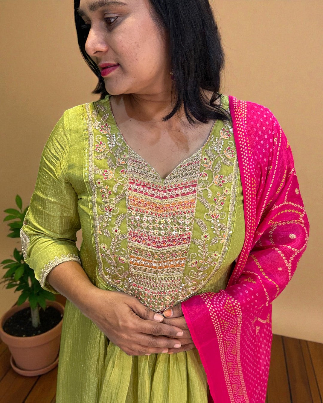 Green Crushed Tissue Anarkali suit - Set of 3