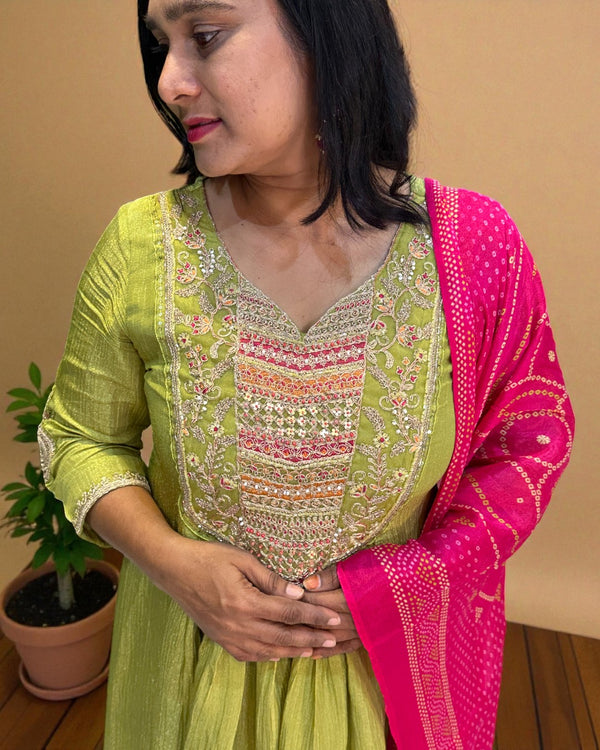 Green Crushed Tissue Anarkali suit - Set of 3