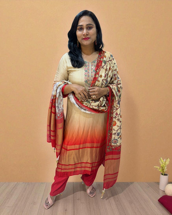 Beige Dhara Ombre Silk Hand embroidered Suit set