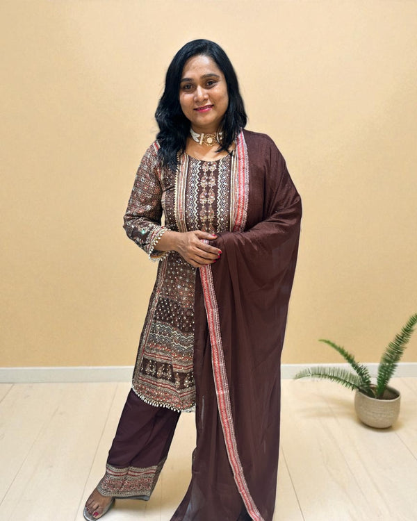 Brown Miral Crepe Short Anarkali -Set of 3