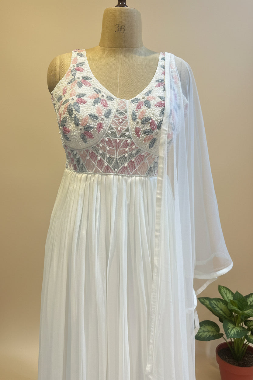 White Amaya chinon silk Anarkali gown with dupatta