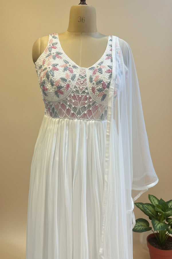 White Amaya chinon silk Anarkali gown with dupatta