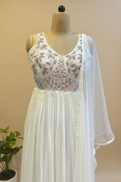 White Amaya chinon silk Anarkali gown with dupatta