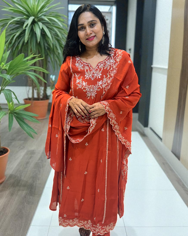 Rust Orange Misri Mul chandri Anarkali - set of 3