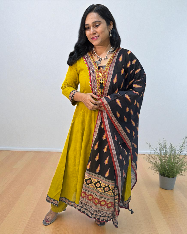 Mustard Green Aza Cotton Anarkali - Set of 3