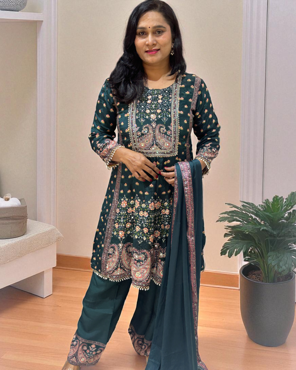 Green Miral Crepe Short Anarkali -Set of 3