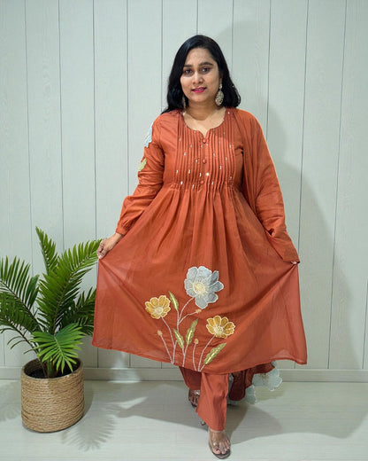 Rust orange Mahi Mul Chanderi A line Suit set - Set of 3