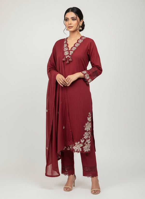 Rust Red Chanda Cotton suit set - Set of 3