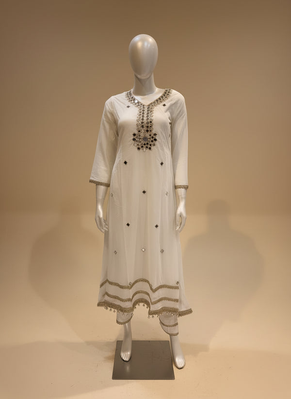 White Meenal Mulchanderi Mirror work Anarkali suit - Set of 3