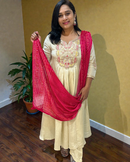 Beige Crushed Tissue Anarkali suit - Set of 3