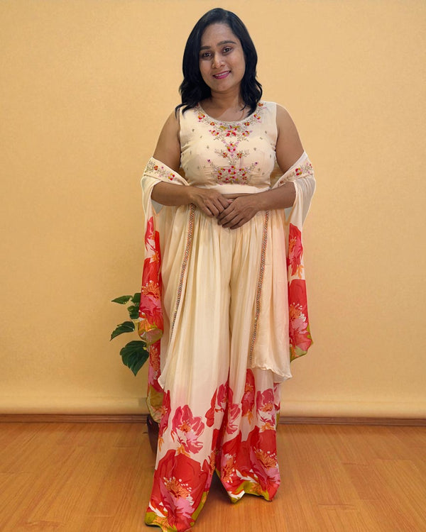 Peach Ishani Chinon silk Indowestern set