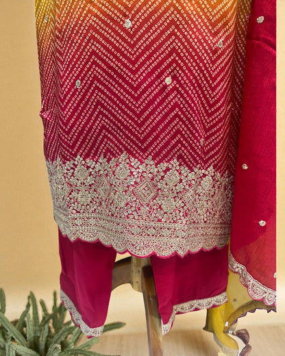 Yellow Red Ombre Kalyani Russian Silk suit set