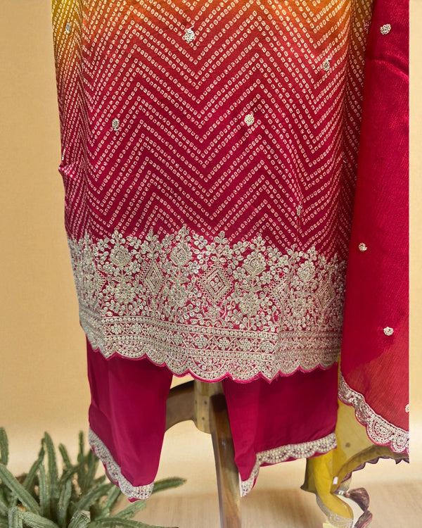 Yellow Red Ombre Kalyani Russian Silk suit set