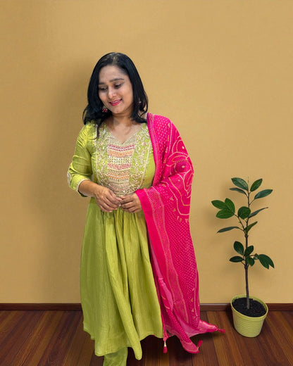 Green Crushed Tissue Anarkali suit - Set of 3