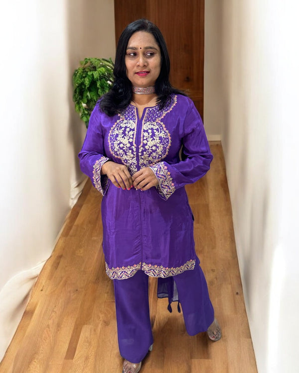 Purple Mouni Crepe Silk Short suit set - set of 3