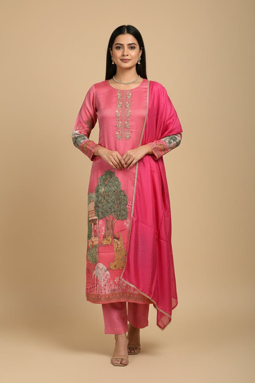 Hot pink Sherin Zari Tissue Pichwai print Suit set - Set of 3