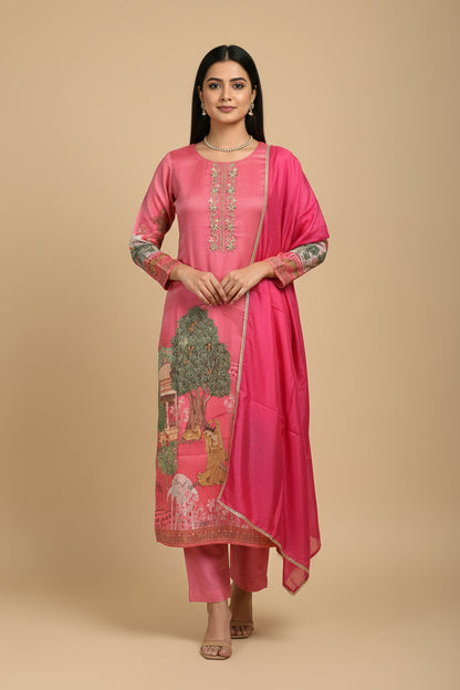 Hot pink Sherin Zari Tissue Pichwai print Suit set - Set of 3