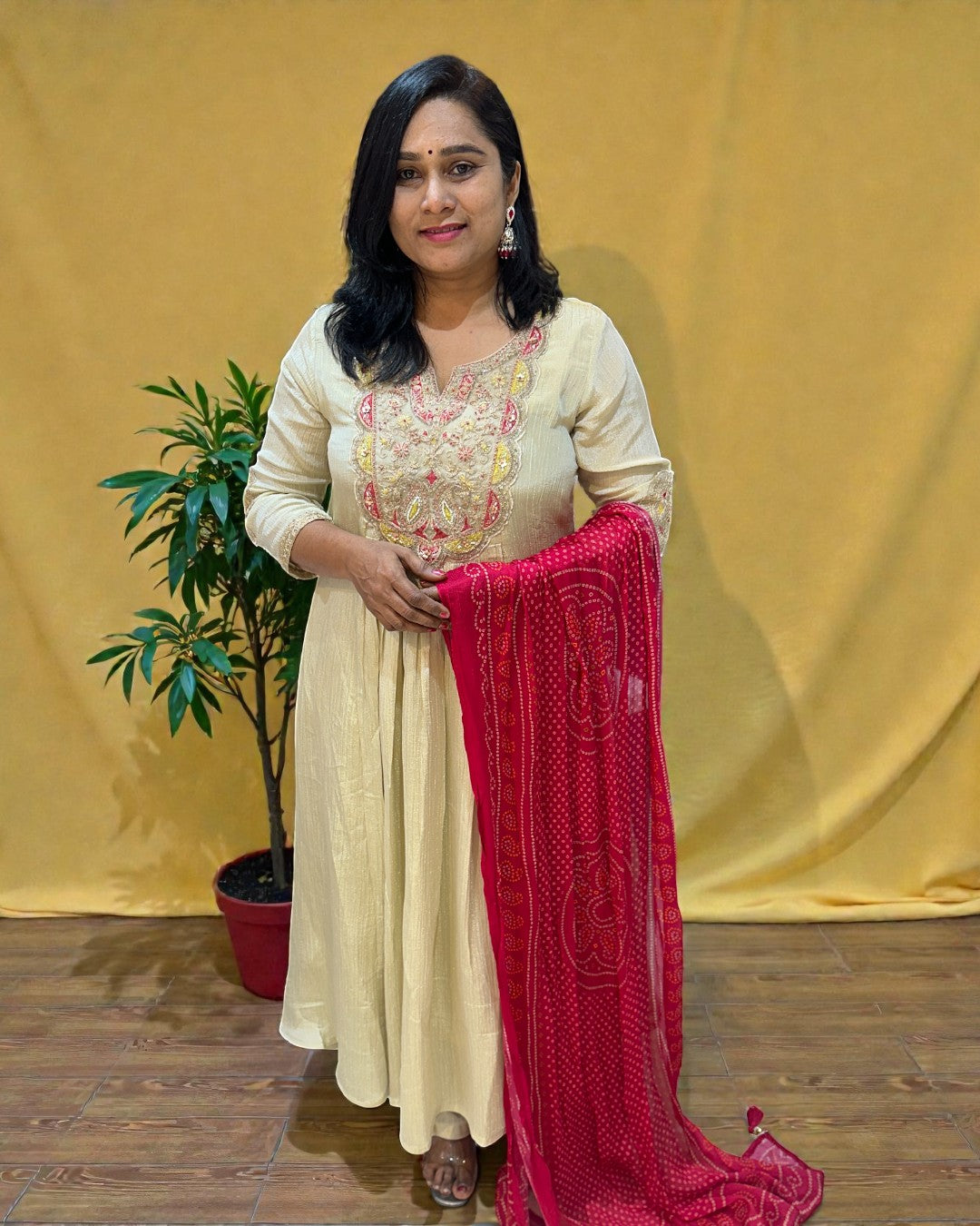 Beige Crushed Tissue Anarkali suit - Set of 3