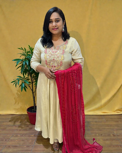 Beige Crushed Tissue Anarkali suit - Set of 3