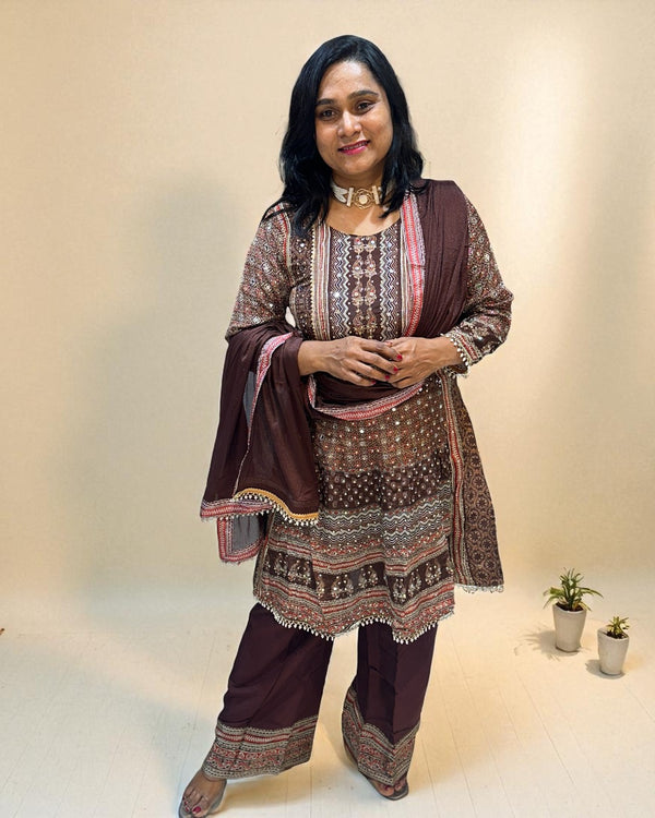 Brown Miral Crepe Short Anarkali -Set of 3