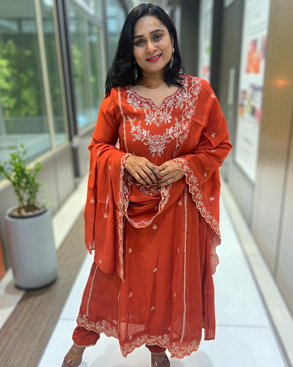 Rust Orange Misri Mul chandri Anarkali - set of 3