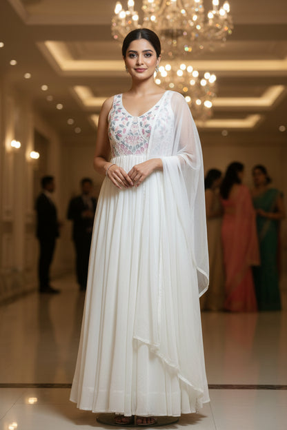 White Amaya chinon silk Anarkali gown with dupatta