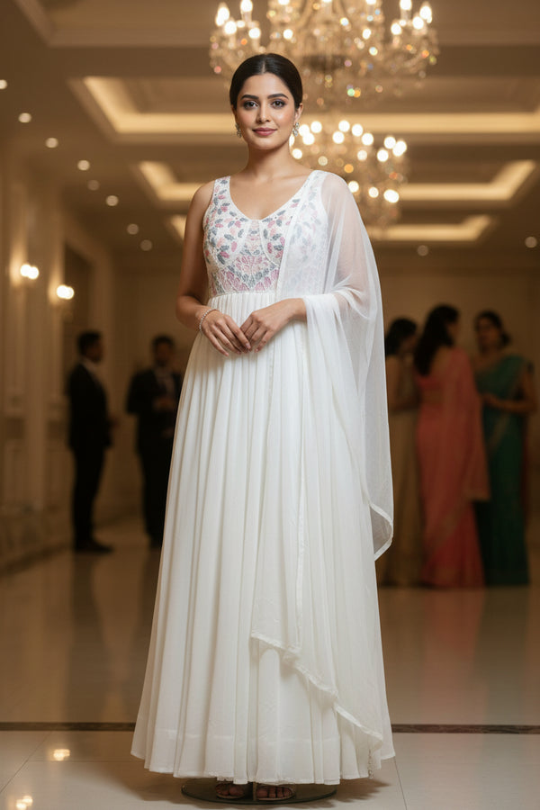 White Amaya chinon silk Anarkali gown with dupatta
