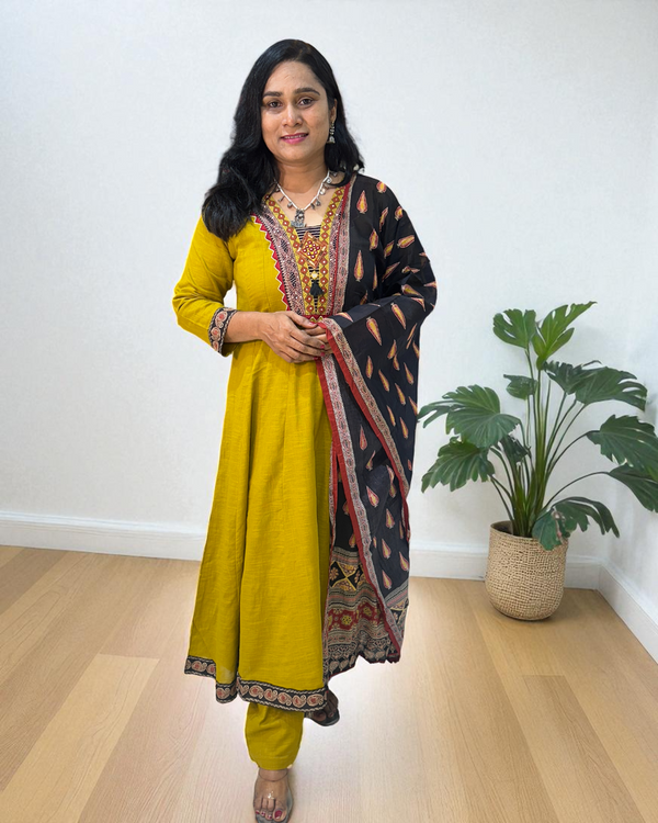 Mustard Green Aza Cotton Anarkali - Set of 3