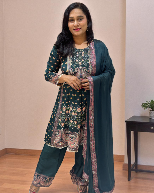 Green Miral Crepe Short Anarkali -Set of 3