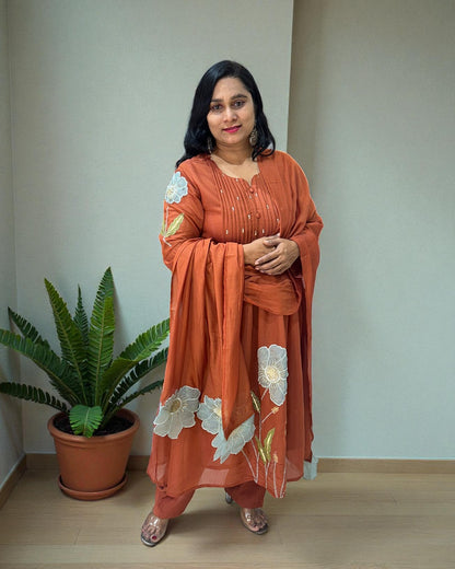 Rust orange Mahi Mul Chanderi A line Suit set - Set of 3