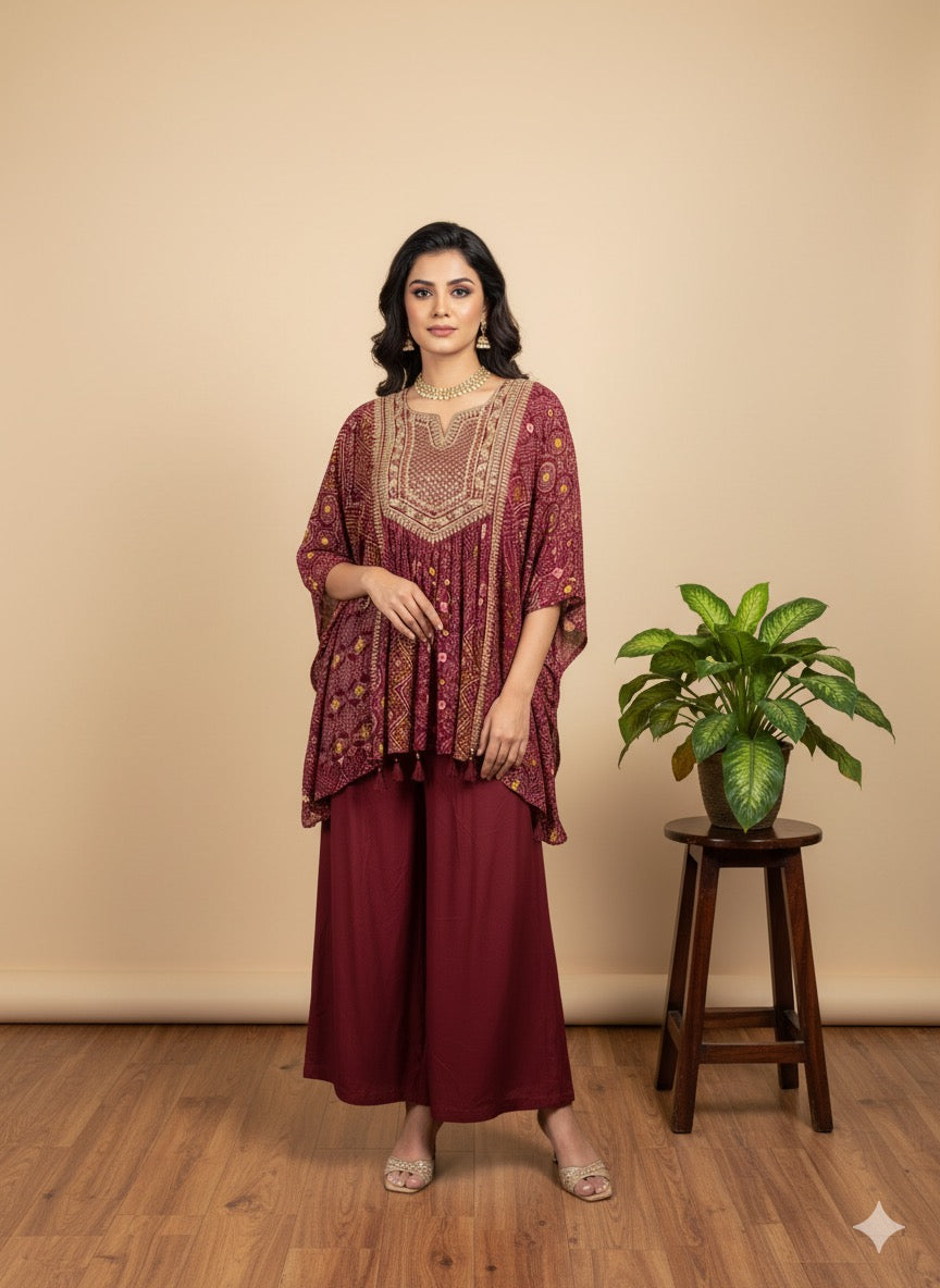 Wine Misha crepe silk Kaftan Set - Set of 2