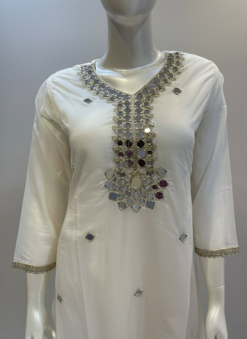 White Meenal Mulchanderi Mirror work Anarkali suit - Set of 3