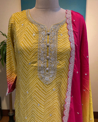 Yellow Red Ombre Kalyani Russian Silk suit set