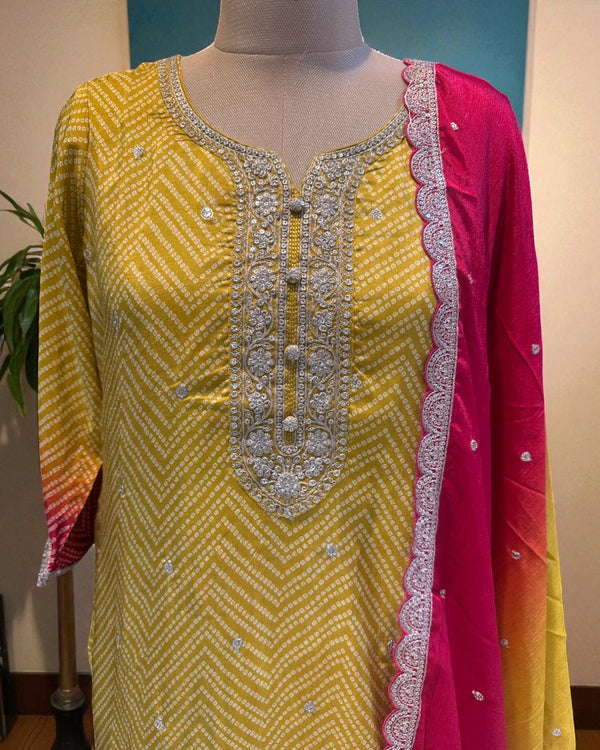 Yellow Red Ombre Kalyani Russian Silk suit set