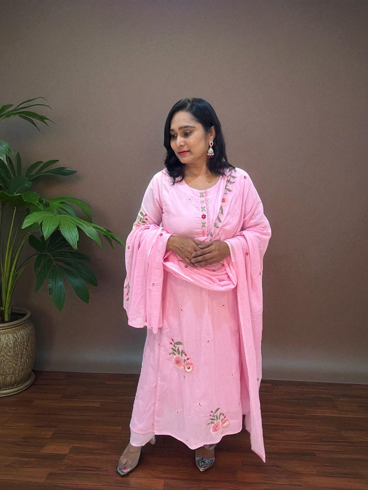 Baby Pink Mira Mul cotton A line suit set