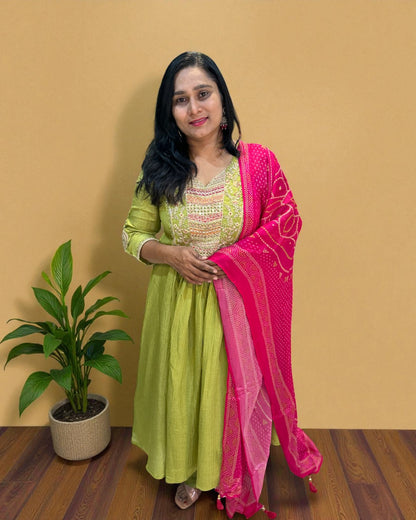 Green Crushed Tissue Anarkali suit - Set of 3