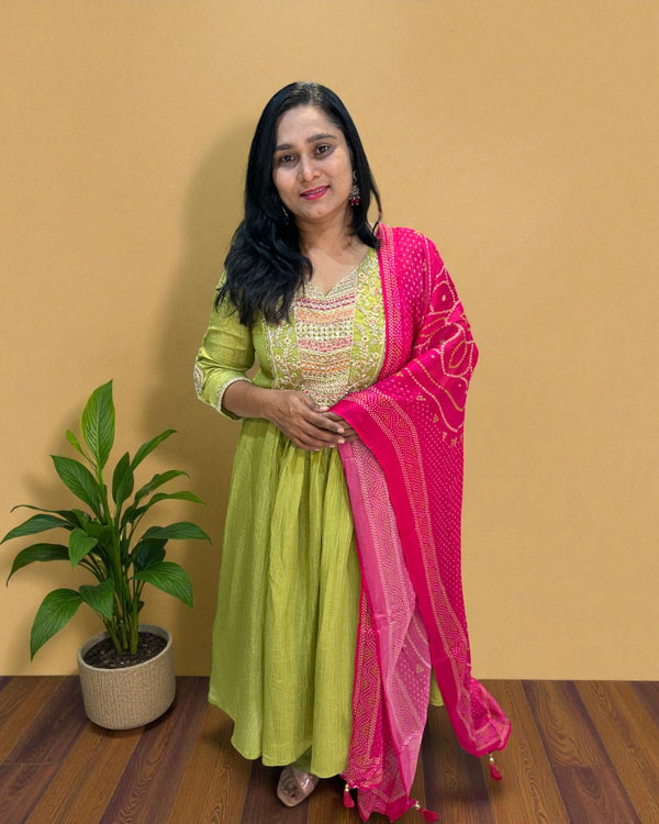 Green Crushed Tissue Anarkali suit - Set of 3