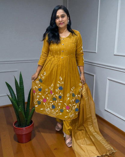 Metallic Gold Saras Mulchanderi A line Suit  - Set of 3