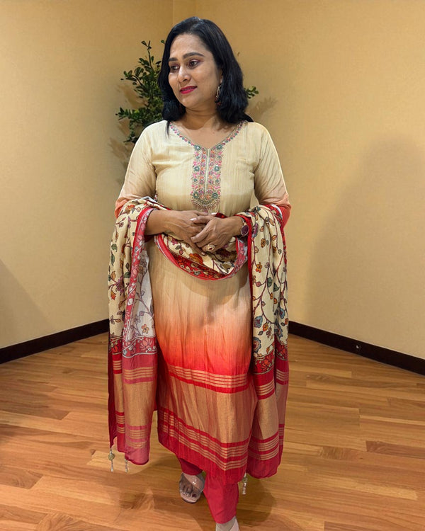 Beige Dhara Ombre Silk Hand embroidered Suit set